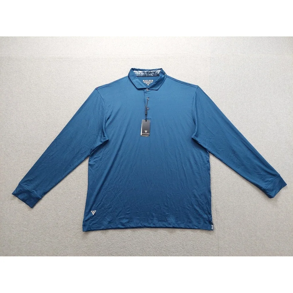 Maelreg Men Polo Shirt 2XL Blue‎ Long Sleeve Button Front Collared 4 Way Stretch
